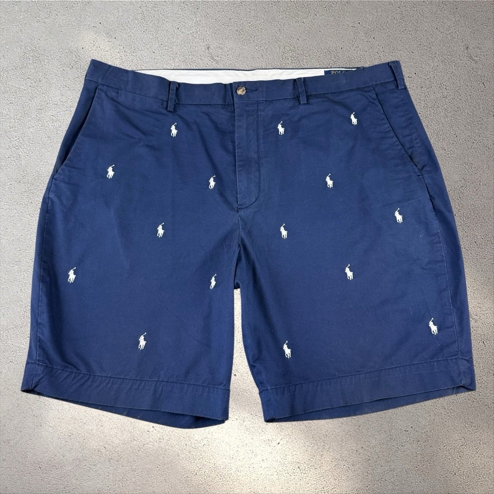 Polo Ralph Lauren Shorts Mens 42 Blue Embroidered All Over Pony Chino Stretch